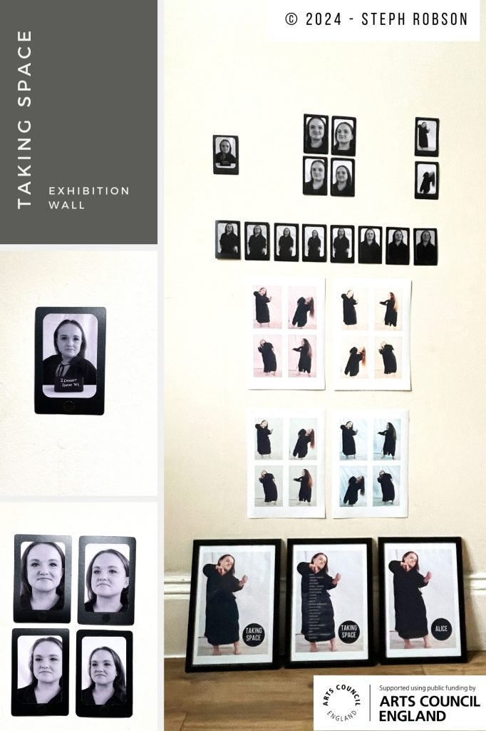 Various black and white photos of performance artist, Alice Lambert, arranged artistically on a cream coloured wall. All rights reserved © 2024 Steph Robson 