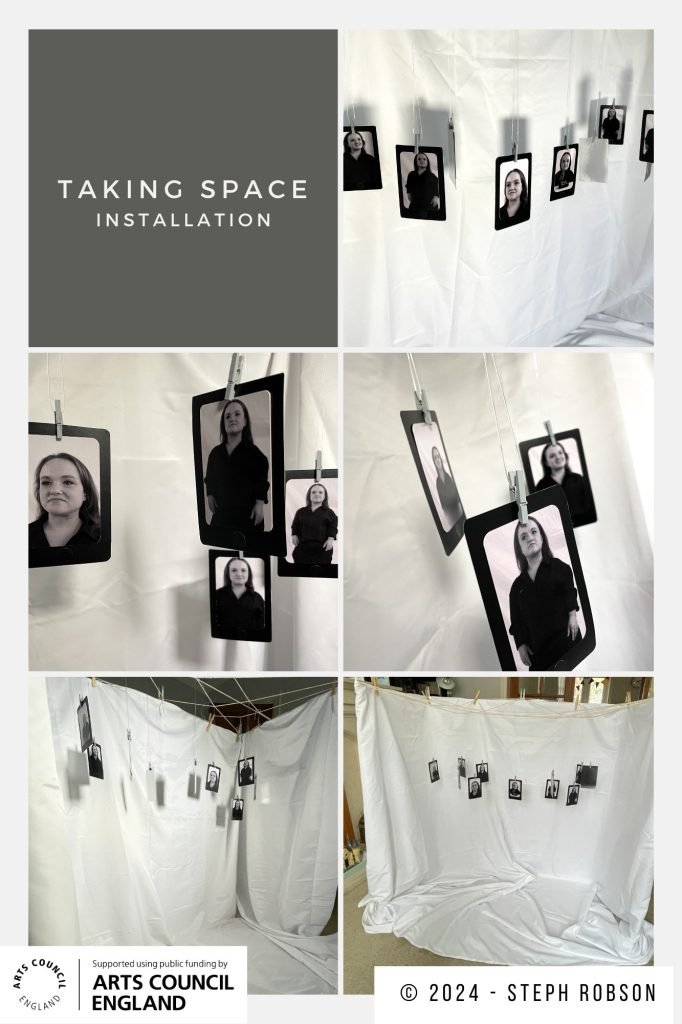Collage of images show mini photos of performance artist, Alice Lambert, that have a mobile phone frame and have been hung haphazardly in front of white fabric backdrop. Photo © 2024 - Steph Robson as part of Taking Space - Develop Your Creative Practice funded by Arts Council England. 
